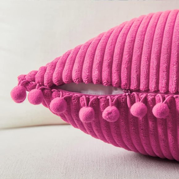 Hot Pink Corduroy Luxury Farmhouse Velvet Pompom Cute Throw Pillow Cover/CaseSet - Picture 4 of 8